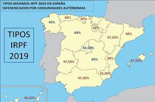 Tipos IRPF en 2019 de España comparados por Comunidades Autónomas. Imagen de la guía de fiscalidad y tributación de los productos financieros de Invierto y Ahorro